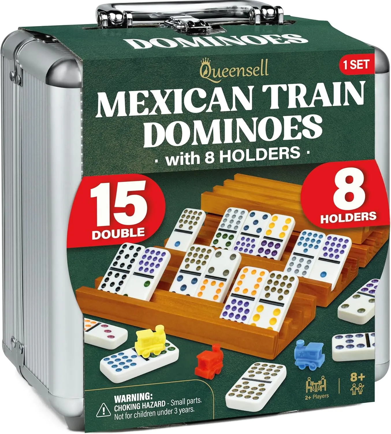 Queensell Mexican Train Domino Game Set with 8 Wooden Holders 136 Double-15 Tiles Strategic Family Board Games Portable Aluminum Case