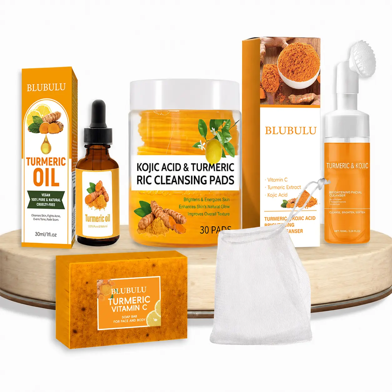 Turmeric Multi-Pack 5-Piece Brightening Cleanser & Double Cleansing Facial Kit (Contains Turmeric) for Normal Skin - Bar Soap, Oil, Mousse, Turmeric Cleansing Pads 30pcs/box- Women's Daily Care Beauty Products Self-Care Gift