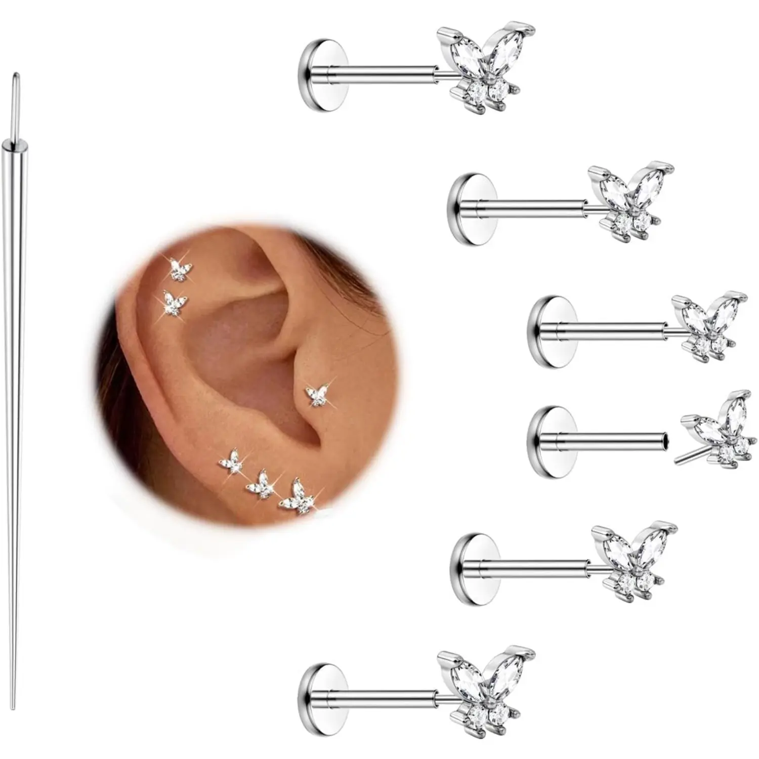 FIASASO 20G Unisex Threadless Flatback Stud Earrings, Hypoallergenic 316L Surgical Steel, 14K Plated Gold Push-In Nosering Studs for Tragus, Helix Piercings