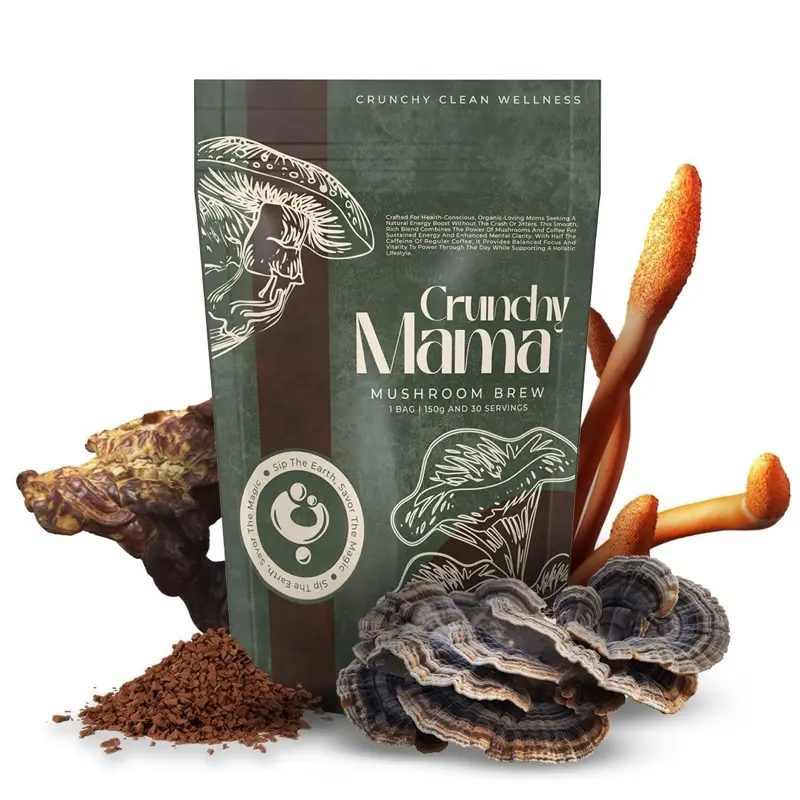 Crunchy Mama Mushroom Brew Organic Instant Coffee Mix with 7 Mushrooms MCT Oil & L-Theanine for Energy Focus & Stress Relief Keto Friendly 30 Servings Natural Beverage Powder Coffee Blend Healthy