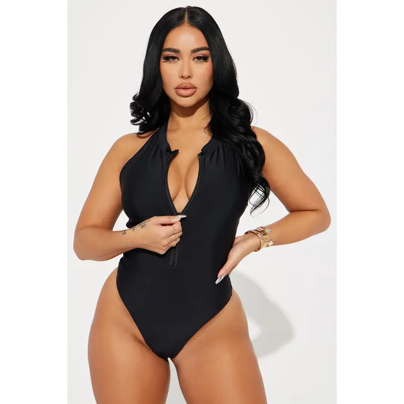 Evelyn Zip Up 1 Piece Swimsuit - Black