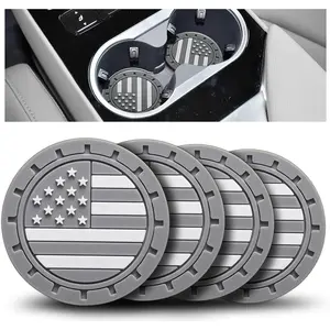 Car Cup Holder Coasters 4 Pack - American Flag 2.75 Inch Anti Slip Shockproof Drink Mat - Vehicle Interior Decor Accessories Grey