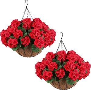 2 Set Artificial Red Geraniums Flowers for Outdoors with Hanging Baskets, 2 Hanging Planters with 12 Pcs Red Geranium Flowers for Christmas Front Porch Garden Patio Home Decor (2, Red)