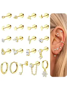21 Pcs Golden Trendy Layered Earring Stack Collection for Women Men Skin-friendly Hypoallergenic Copper 304 Surgical Steel Reliable Performance Shining Zirconia Subtle Sparkling Charm Classic Assorted Flat Back Studs Small Hoop Earrings