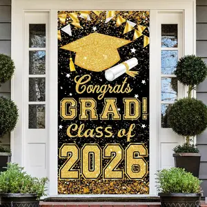 Congrats Grad Class of 2026 Sign Banner Door Cover, Graduation Party Decorations, Large Front Door Porch Sign Backdrop for Wall Indoor Outdoor Photo Booth Props Party Supplies (Gold) Wall Hanging Backdrop