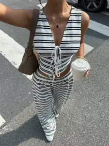 Women's Casual Knitted Striped Tie Back Sleeveless Crop Vest Set, Stripe Wide Leg Pants, 2 Piece, Summer Fashion Womenswear