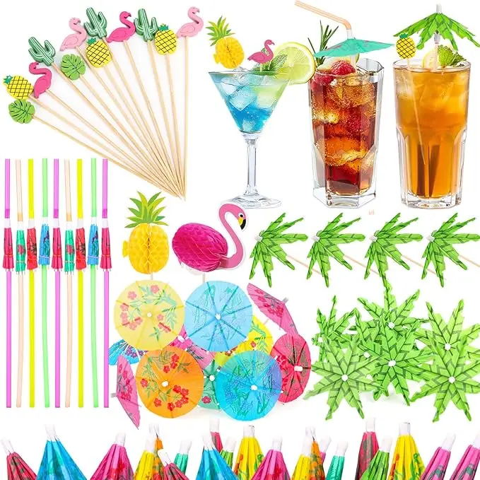 180-Pack Cocktail Drink Umbrellas Tool Kit - Mini Paper Parasol Picks, Straws, Cocktail Toothpicks, Colorful Food Picks for Tropical Luau, Summer Beach, Birthday Party Decorations