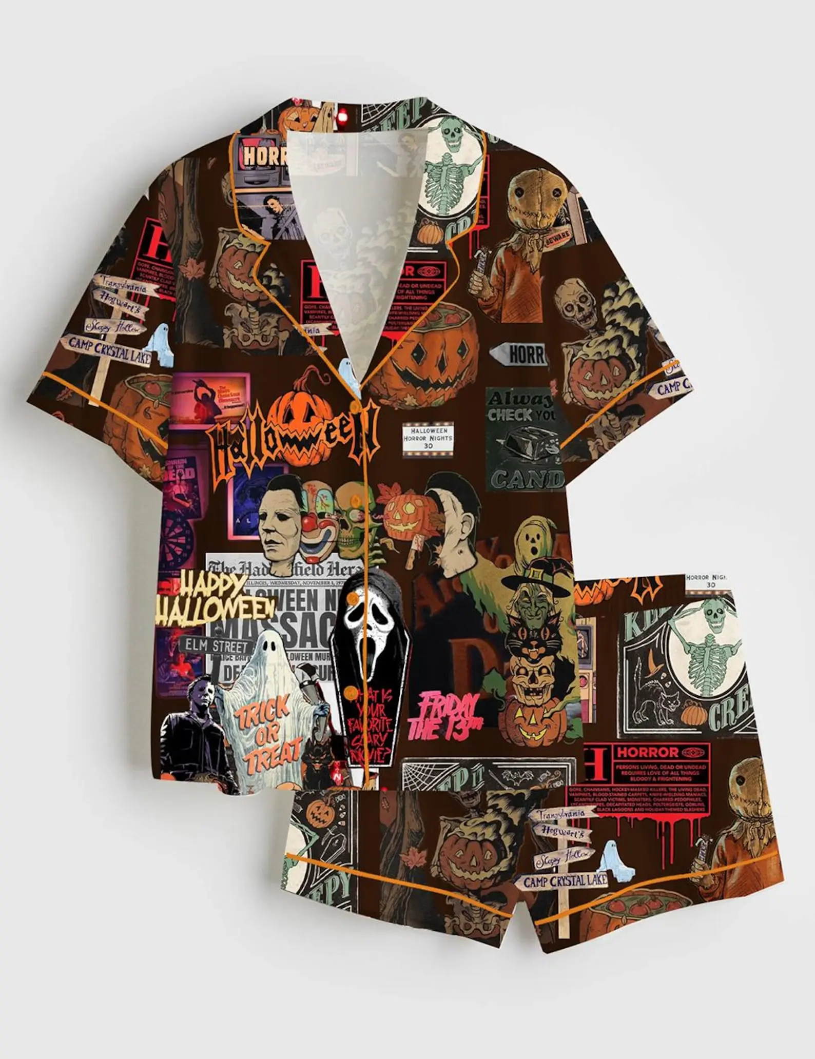 Women’s Retro Horror Movie Halloween Enjoyer Retro Ghost Pumpkin Short Sleeve Pajama Set, Pajama Nighwear Set for Her