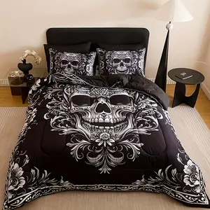 3-piece Quilt Set (1 Quilt + 2 pillowcases, no pillow), including 180Gsm filling, soft and breathable, digitally printed black and gray floral patterns of skulls, suitable for bedrooms, dormitories and home use, no bed sheets or bed covers.