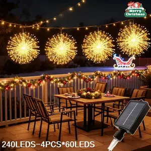 4pcs Solar-Powered Outdoor Hanging Fireworks Lights with 8 Modes, Waterproof Outdoor Lights, 240 LED, Warm White & Colorful, for Christmas, Halloween, Weddings, Solar Lights Outdoor, Solar Landscape Lights