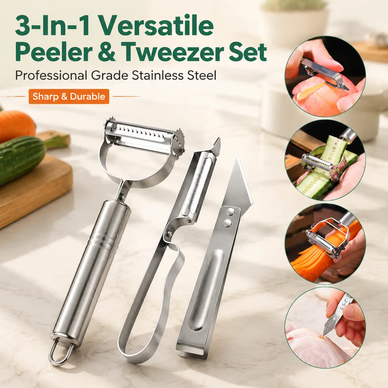 3PCS Stainless Steel Vegetable Peeler Set, Multi‑Function Julienne Slicer & Fruit Peeling Tool, Sharp Potato Carrot Cucumber Peeler for Kitchen Food Prep