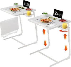 TV Trays Set of 2 - Folding TV Tray Adjustable Dinner Trays for Eating On Couch Wooden Tables Mate Stand Foldable White Desk with Cup Holder Portable