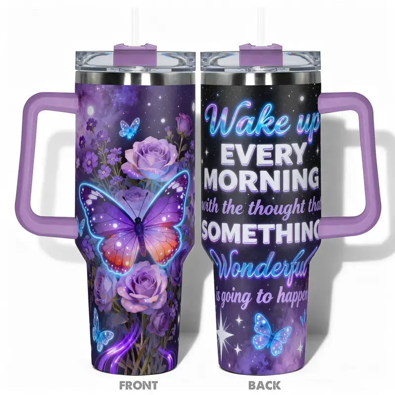 1pc Stainless Steel Cup, Tumbler Reusable Cup, Insulated Water Cup, Insulated Drinkware, 40oz Vacuum Insulated Tumbler, With Butterfly and Rose Double-layer insulation Leakproof Large Capacity, Ideal for Gym, Hiking, Travel, Birthday, Christmas