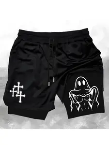 Men's Ghost Face Cross Print Faux Two-Piece Shorts, Gothic Street Style, Personal Aesthetic, Block, Comfortable Dual Layer, Casual Athleisure Shorts