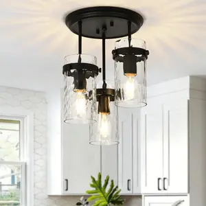 3-Light Semi Flush Mount Ceiling Light, Industrial Farmhouse Flushmount Lighting with Hammered Glass, E26, Bulb Not Included, for Kitchen Hallway
