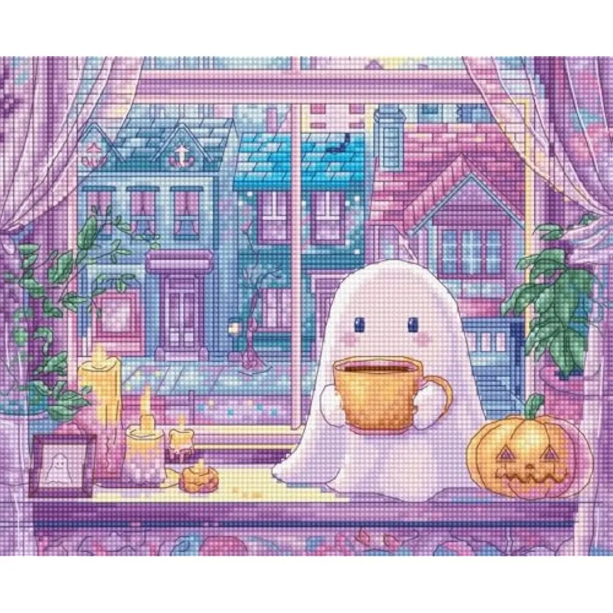 Wizardi Counted Cross Stitch Kit "Pumpkin Latte Nights" L9962 - Halloween Cotton Embroidery with Cute Ghost Drinking Latte, Coffee Mug, Jack-O-Lantern, 40 Luca-S Floss Colors, 20x17cm/7.87x6.69in, Home Interior Decor for Candles to Create Cozy Atmosphere