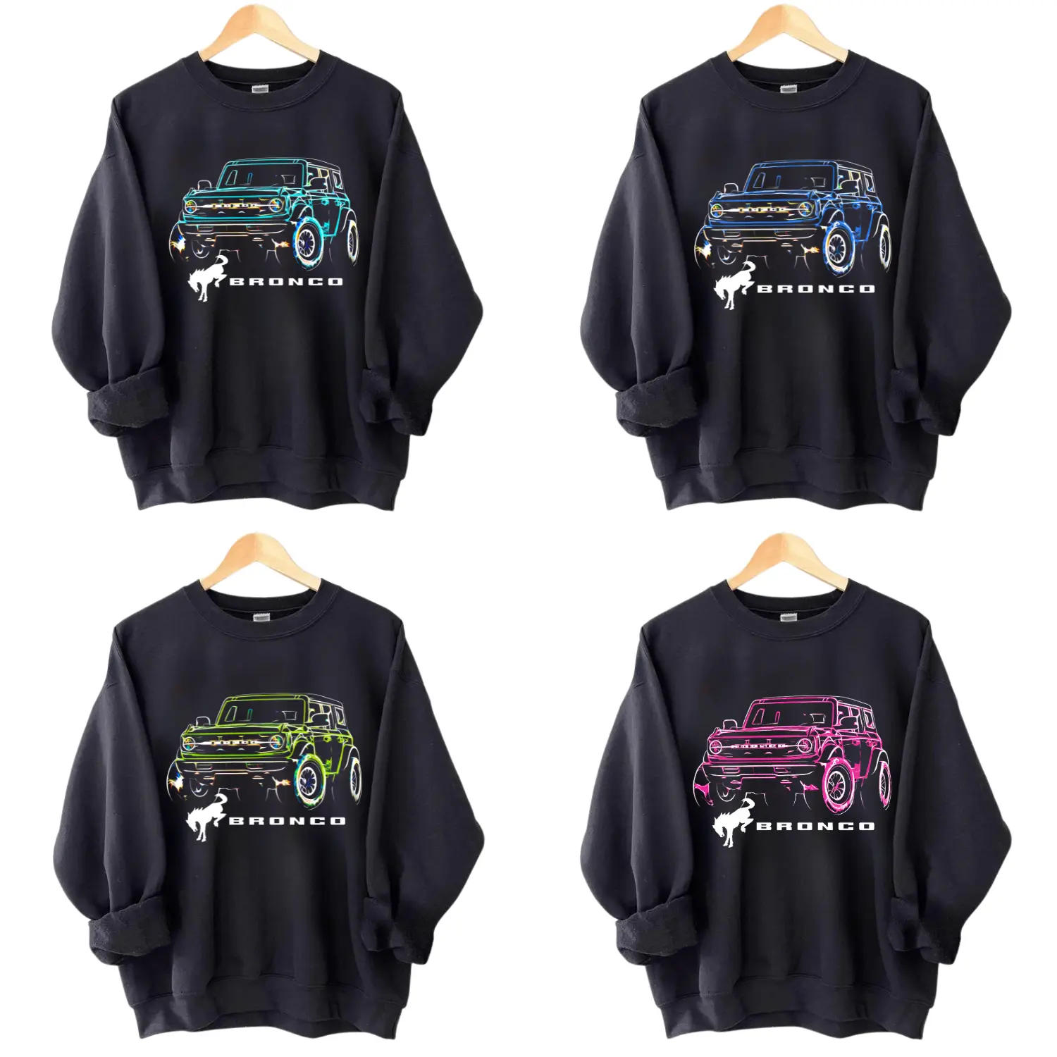 Custom Ford Bronco 4x4 Neon Sweatshirt Vintage Off Road Graphic Crewneck for Men Women, Classic Bronco Truck Lover Pullover, Adventure SUV Streetwear Apparel