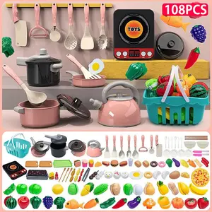 108Pcs Kids Kitchen Toy Accessories, Toddler Pretend BBQ Camping Cooking Playset, Play Pots, Pans, Utensils Cookware Toys, Play Food Set, Vegetables, Learning Gift for Girls Boys win fun，teaching