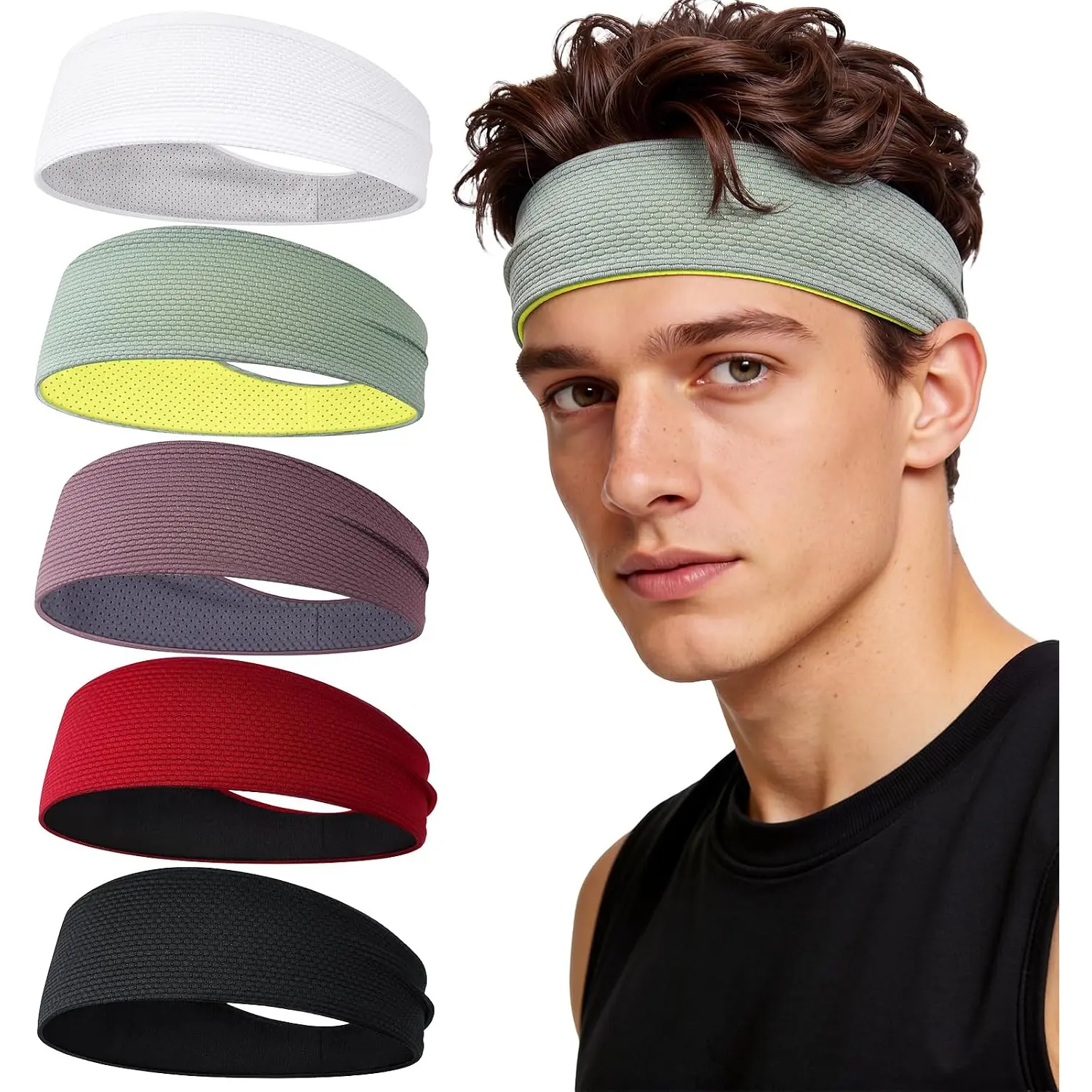 5 Pack Unisex Sports Headbands, Sweat Wicking Double Layer Nylon Design, Lightweight 2mm for Baseball & Workouts, Moisture Wick, Nylon Blend, Stretch Fit