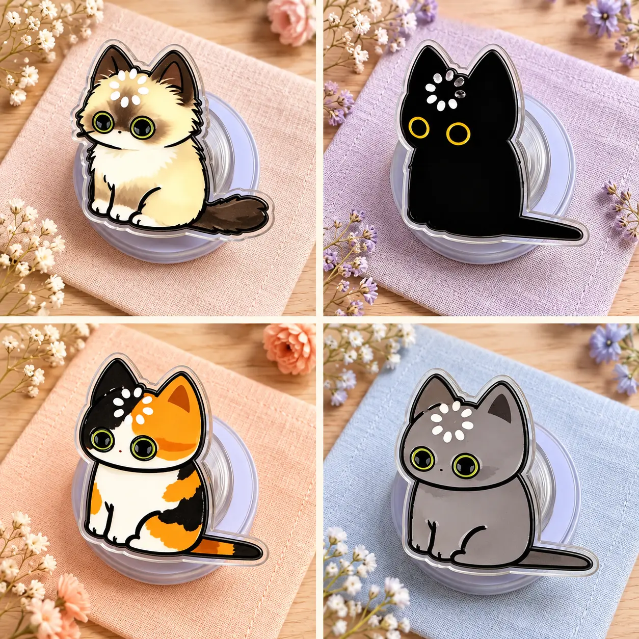 Cute Kawaii Chibi Cat Breeds Acrylic Magnetic Phone Grip - Removable Holder Stand