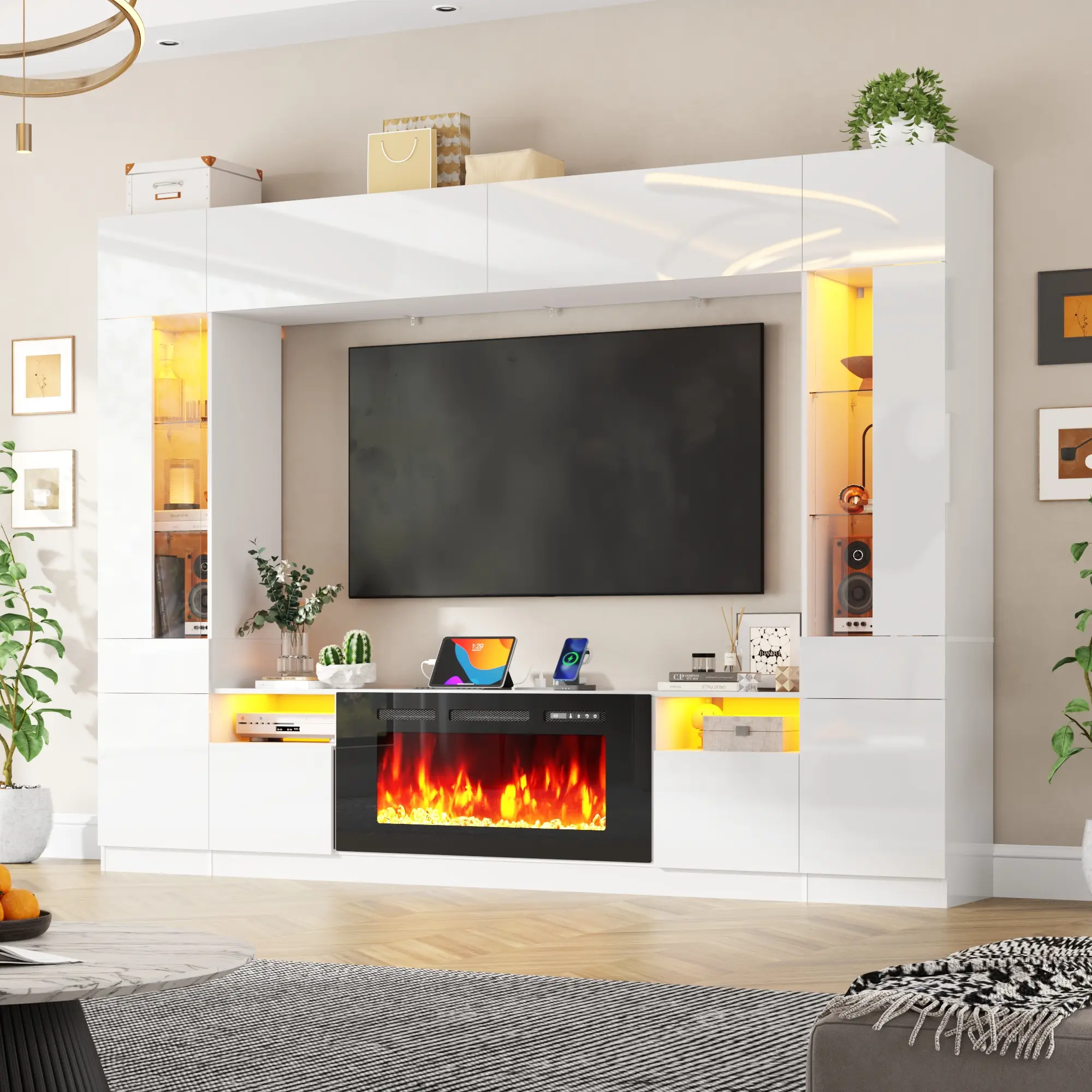 107" Wall Unit Entertainment Center Electric Fireplace & Bookshelves, Modern High Glossy TV Stand with Storage Shelves & Bridge Cabinet & LED Lights, Media Console for Living Room Home Theater,White/Black