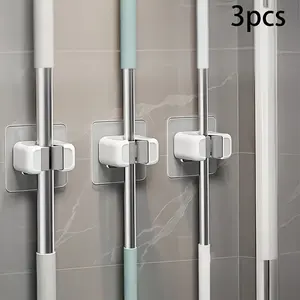 3Pcs No Drill Wall Mount Mop Broom Holder, Strong Plastic Storage Clips Hooks, Space-Saving Organizer Rack for Bathroom Kitchen Home, Easy Self Installation Without Screws