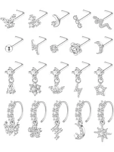 20Pcs 20G Dangle Nose Rings for Women L Shaped Dangling Nose Rings Studs Hoops Stainless Steel Gems For Piercings Flower Butterfly Moon Dangle Nose Piercing Jewelry(Gold/Silver Color)