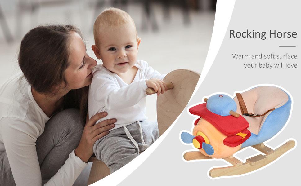 Qaba Kids Rocking Horse, Wooden Plush Ride-on Plane Chair Toy with Lullby Song and Seat Belt for 18 Month + Qaba Kids Rocking Horse, Wooden Plush Ride-on Plane Chair Toy with Lullby Song and Seat Belt for 18 Month +