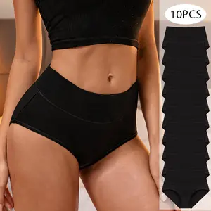 Women's 10-Pack Pure Cotton Minimalist Basic Panty Style Packaged Briefs, Comfortable Lightweight Breathable Black Triangle Underwear