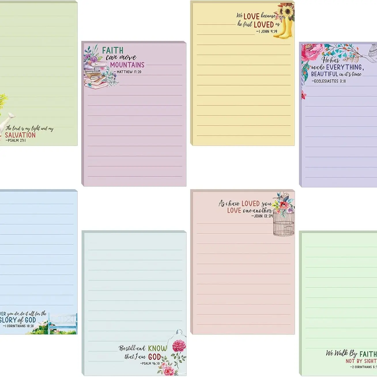 8 Pack Christian Sticky Notes Set Small Scripture Inspirational Motivation Memo Pads Floral Design Adhesive Religious Bible Verse Quotes Notepads for Writing Schedules, 4 x 5.5 Inch(Fresh Style), Stickers