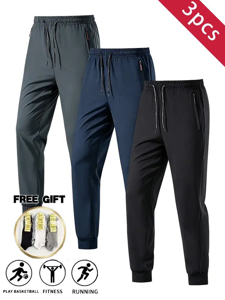 3PCS men’s lightweight ice silk quick-dry compression pants, breathable and wear-resistant, elastic waistband with drawstring, loose-fit stretchy athletic long pants for outdoor running, fitness, and everyday casual wear, includes socks
