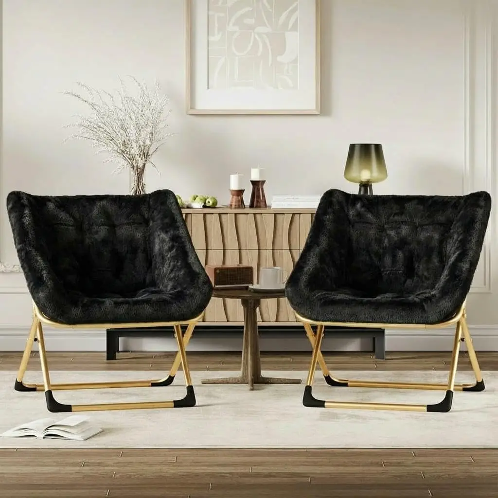 Garvee Black Faux Fur Foldable Footstool Saucer Chair with Heavy Duty Metal Frame, Cozy Rabbit Fur Accent Lounge Chair for Bedroom, Dorm, Gaming, and Living Room, No Assembly Required