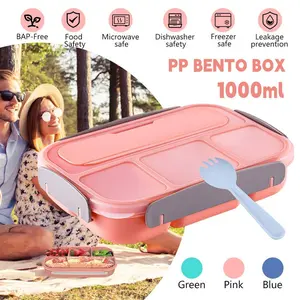 1000ml PP Bento Box, 4-Compartment Leakproof Lunch Box w/ Silicone Lid, Microwave & Dishwasher Safe for all,blue/pink/green