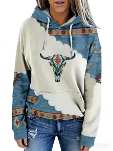 [Bohemian Hoodie] Women's Winter Hoodies Western Ethnic Hoodies,Highland Bull Head Print Pullover Hoodies Sweatshirts,Long Sleeve, Round Neck, Versatile Outerwear Top, Comfortable Casual Attire