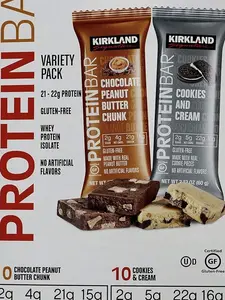 Kirkland Signature Protein Bars Variety Pack Chocolate Peanut Butter Chunk & Cookies & Cream Flavor 42.4 Oz 20 Count Gluten-Free Whey Isolate