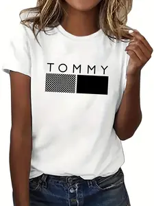 Women's "TOMMY" Letter Print Round Neck Tee, Casual Short Sleeve Crew Neck T-shirt for Daily Wear, Ladies Clothes for All Seasons, Top