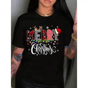 Women's Christmas Graphic Print T-Shirt 100% Casual Short Sleeve Crew Neck Top With Festive Merry Christmas Design Santa Hat & Snowflakes Machine Washable Holiday Party & Casual Attire Christmas Shirts Womenswear Streetwear Black Shortsleeve Crew Neck Tee