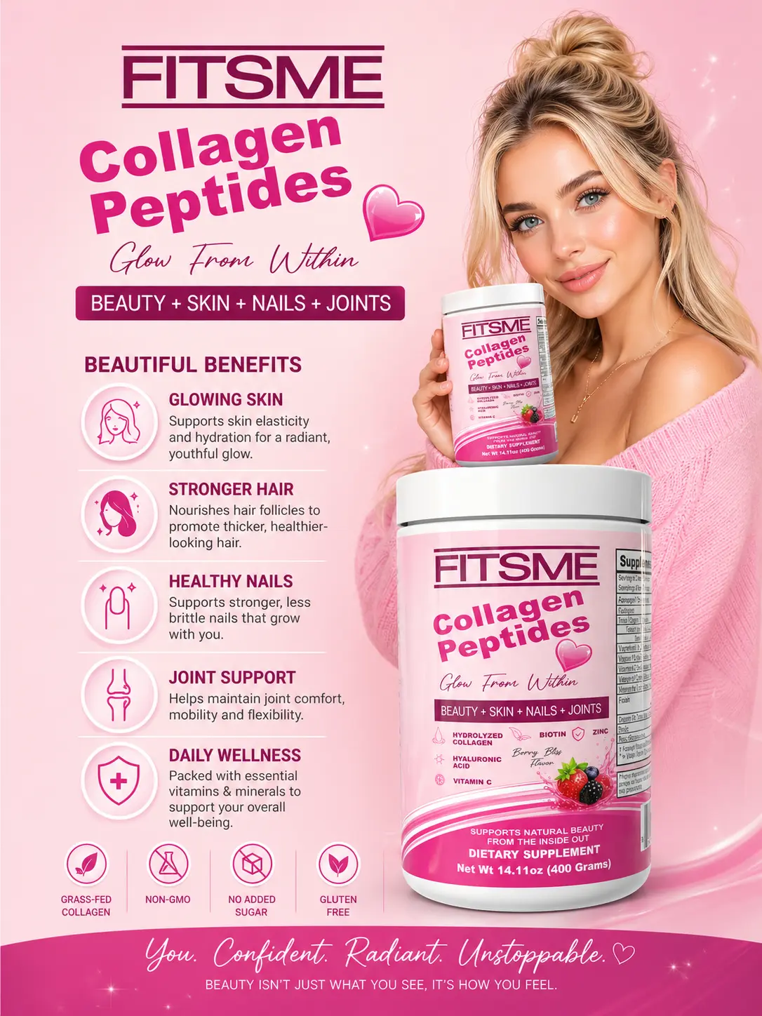 Fitsme Collagen Peptides Dietary Powder Supplement, Berry Bliss Flavor, Beauty & Healthcare Support with Vitamin & Zinc for Inner Glow