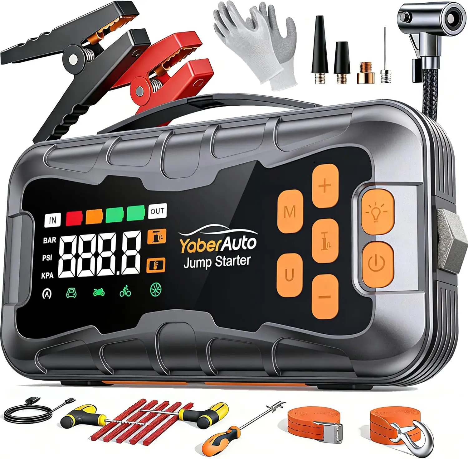 YaberAuto AP03 16-in-1 Jump Starter with Air Compressor 8000A 160PSI, Tool Kits | 99.9Wh Jump Starter Battery Pack (All Gas/14L Diesel) Jump Box Car Battery Jumper Starter Portable Jumper Cables, Glove Tools