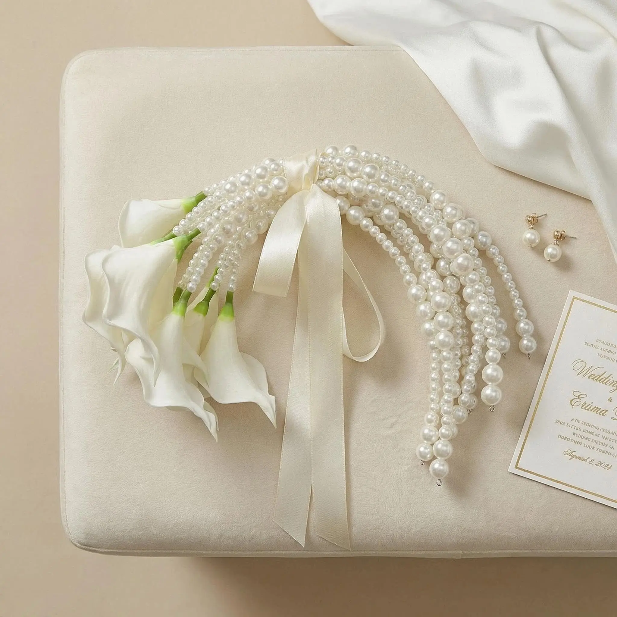 Silvanest White Calla Lily Bridal Purse Bouquet with Pearl Handle & Tassels, Faux Wedding Hand Bouquet for Bride, Bridesmaid & Flower Girl