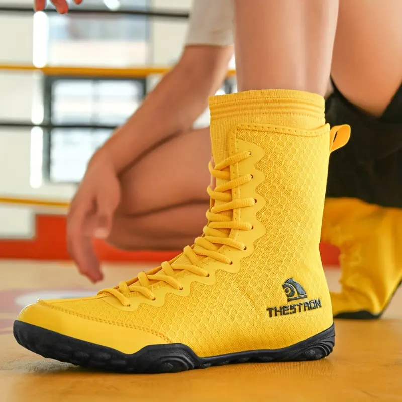 Male High-Top Athletic Gym Footwear - Solid PU & Mesh Trainers with Slip-Resistant Soles & Laces for Indoor Fitness & Wrestling, All Seasons