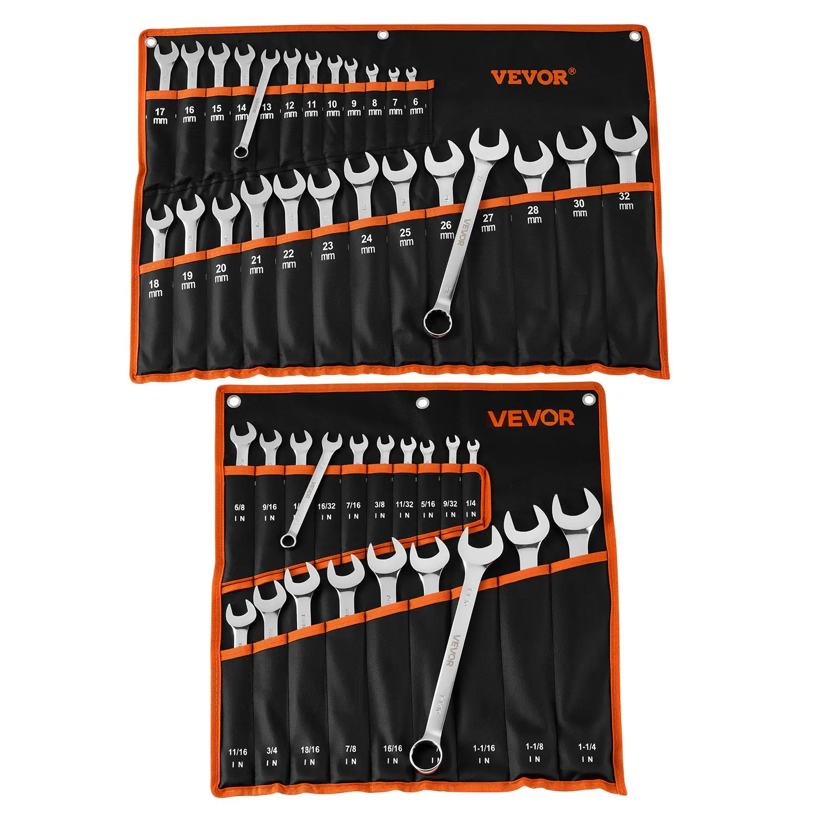 【Father's Day Gift】VEVOR 44-Piece Heavy Duty Wrench Set - High Quality Hardware, Rustproof Carbon Steel, 12-Point Box End, 15° Angled Open End, 1/4"-1-1/4" SAE/Metric Tools (Inches/MM), 18.36 lbs Roll-Up Pouch, for Household & Auto Repair