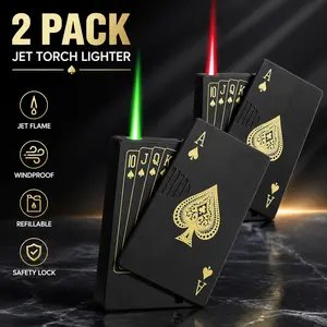 Jet Torch Lighter 2 Pack, Green and Red Flame Ace Card Lighter with Cool Poker Design, Windproof Refillable Butane Lighter Without Gas for Outdoor, Indoor, Camping, BBQ, Candles, Birthday Gifts and Everyday Use