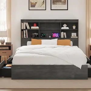 King Bed Frame with Storage Headboard, Gray Wooden Bed Frame with Charging Station, Storage Bookcase & King Size Platform Bed with 4 Drawers, No Box Spring Needed, Noise-Free