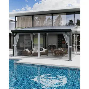 Garvee 12x16 ft Hardtop Lean-to Gazebo with Gutters, Aluminum Frame, Wall-Mounted Pergola with Mosquito Netting, Privacy Curtains & Sloped Galvanized Roof, Outdoor Shelter for Patio, Garden, Deck, Grey