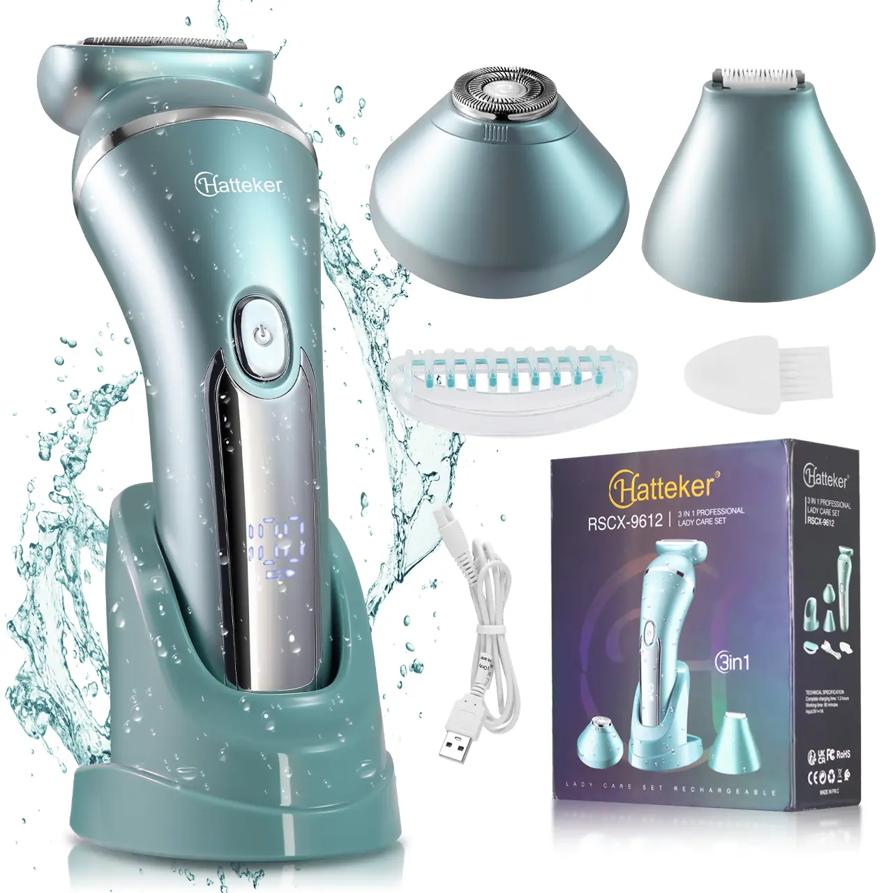 Hatteker Women’s 3-in-1 Electric Shaver, IPX7 Waterproof Painless Smooth Hair Removal Tool, USB Rechargeable Adjustable Cordless Wet-Dry Razor for Daily Silky Grooming (Face, Underarms, Bikini Line), Brush