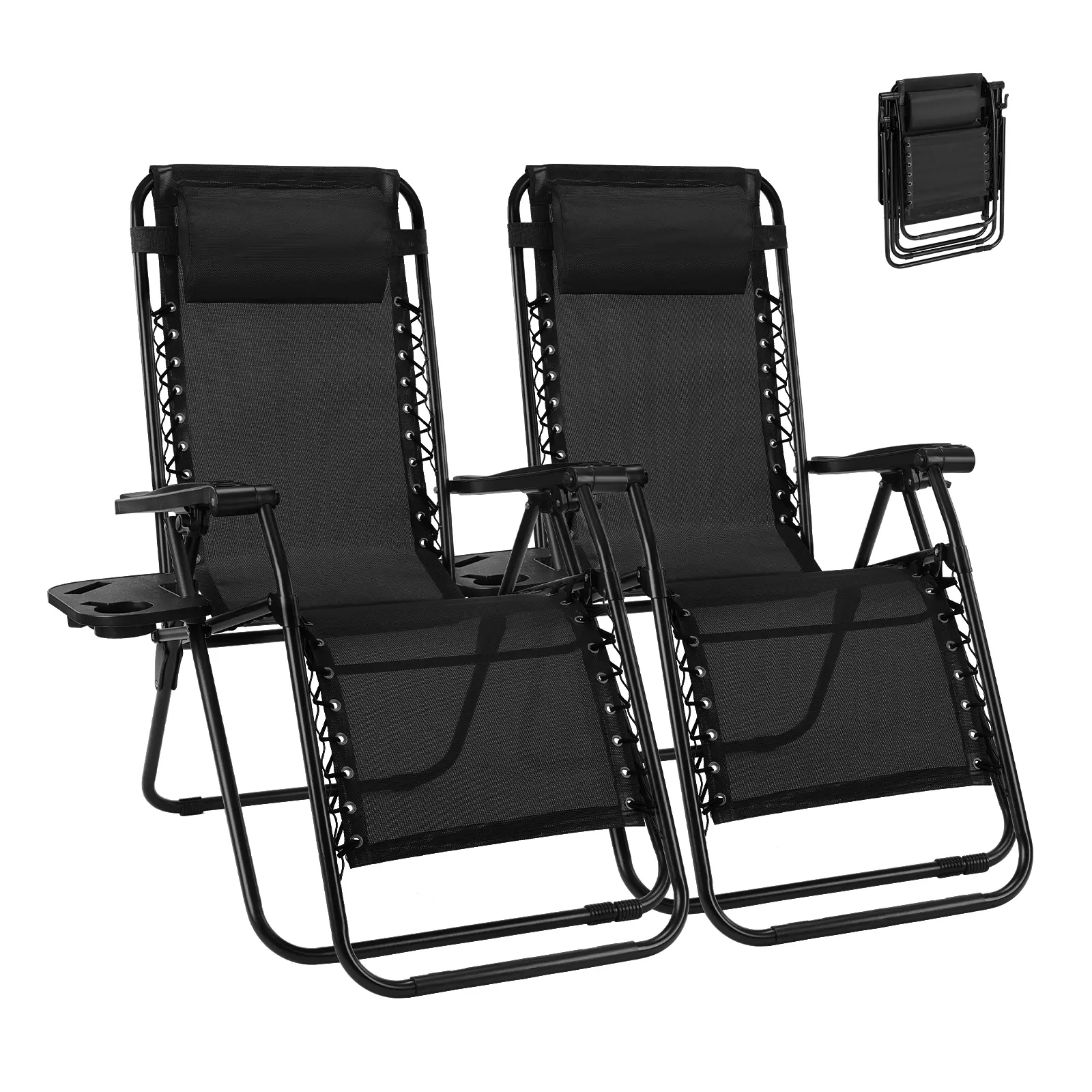 2-Piece Zero Gravity Patio Lounge Chairs | Adjustable Folding Recliners with Pillow and Cup Holder for Beach or Pool, Black/Blue