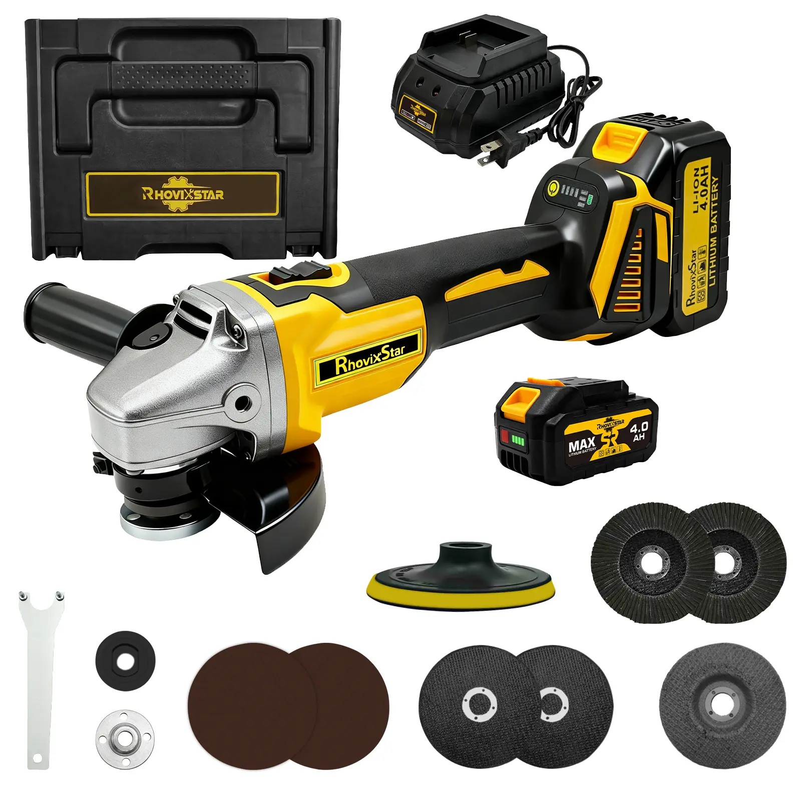 Pnoeoce 21V Brushless Cordless Angle Grinder, 4-1/2 Inch 1400W 4 Variable Speeds (Max 9000 RPM) Tool Set with 1pcs 4.0Ah Lithium Batteries, Charger, Cutting Wheels, Polishing Wheels, Hard Case for Metal Cutting, Rust Removal