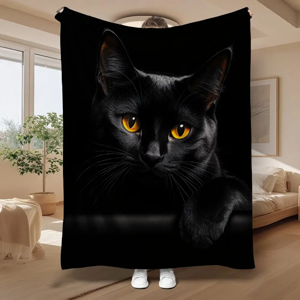 1pc Cozy Flannel Blanket Suitable for All- Use - Tear-Resistant Machine Washable Bedspread with Black Cat & Yellow Eyes, Soft Warm Bedding for Home, Camping, Travel,, Room - Contemporary Style Multicolor Cat Theme