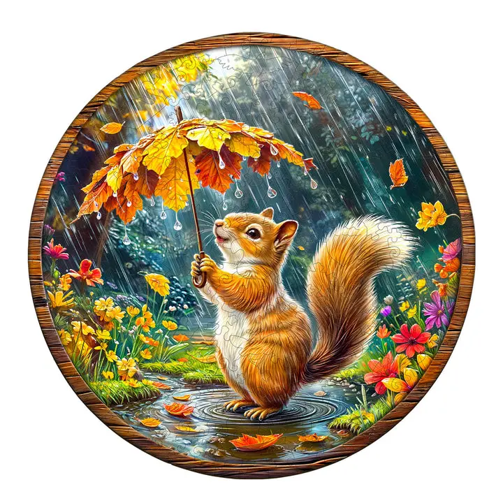 Squirrel Dreams Wooden Jigsaw Puzzle - Rainy Day Scene with Squirrel Holding Umbrella, Mind Game for Focus & Intelligence, Animal Craft Toy for Enthusiasts, Wooden Puzzles
